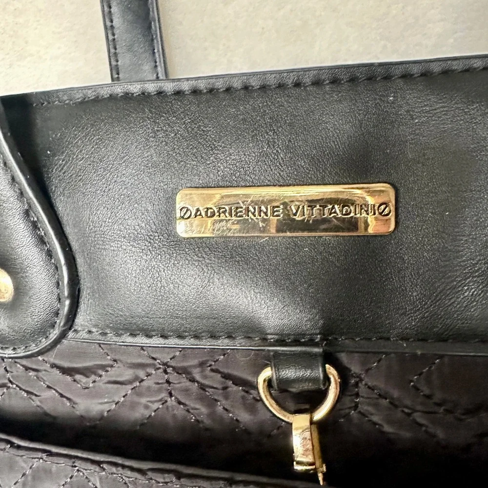 Adrienne Vittadini Black Quilted Work Laptop Tote Bag Organization Pockets